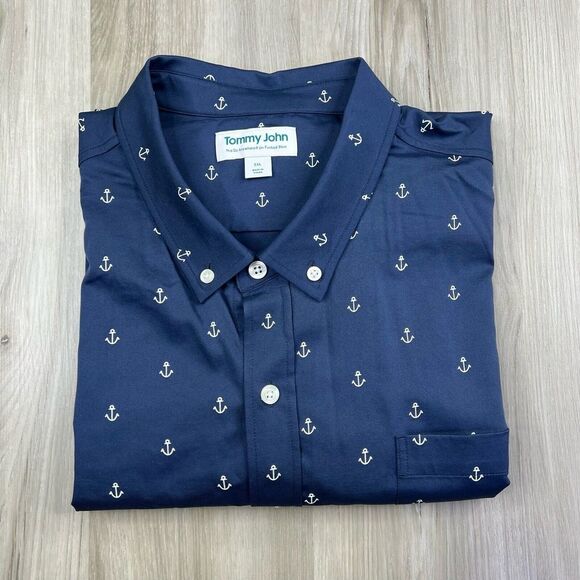 Tommy John Go Anywhere Un-Tucked Shirt Navy Blue White Anchor Print Mens XXL 2XL - Picture 1 of 11